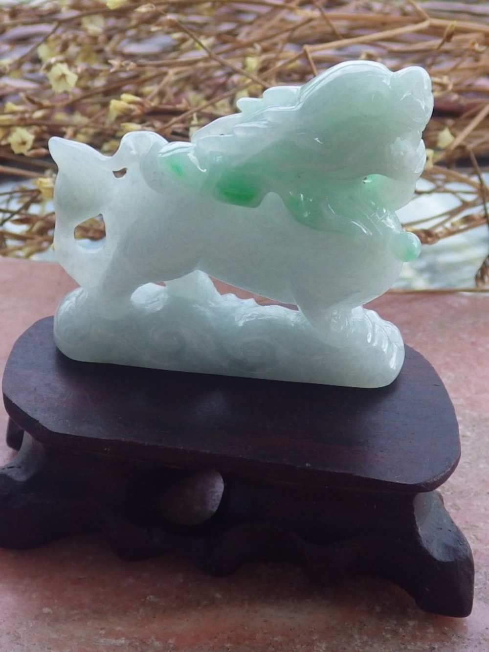 Certified Natural Burma A Jade Jadeite Dragon Ruyi Display with wood stand